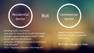 ResidenKal	
  
Sector	
  
Mayor’s	
  strong	
  iniKaKve	
  to	
  	
  
push	
  the	
  industry	
  to	
  separate	
  	
  
food	
  waste,	
  
	
  
BUT	
  the	
  change	
  is	
  slow	
  
Commercial	
  
Sector	
  
But	
  
-­‐	
  Growing	
  public	
  awareness,	
  	
  
	
  	
  new	
  ways	
  to	
  separate	
  &	
  recycle	
  food	
  waste	
  
	
  	
  strongly	
  supported	
  by	
  government’s	
  DSNY.	
  	
  
-­‐	
  Encouragement	
  for	
  compost,	
  	
  
	
  	
  uKlizaKon	
  of	
  farmers	
  markets	
  as	
  food	
  waste	
  	
  
	
  	
  drop-­‐oﬀ	
  point	
  
-­‐	
  City’s	
  “Organics	
  CollecKon	
  Pilot	
  Program”	
  	
  
	
  
 
