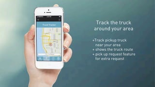 Track the truck
around your area
+Track pickup truck
near your area
+ shows the truck route
+ pick up request feature
for extra request
 
