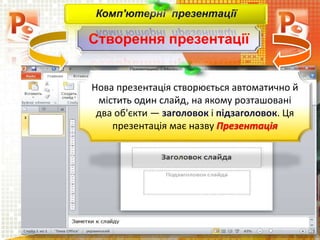 Створення презентації
Чашук О.Ф., вчитель інформатики
ЗОШ№23, м.Луцьк
Комп'ютерні презентації
Нова презентація створюється автоматично й
містить один слайд, на якому розташовані
два об'єкти — заголовок і підзаголовок. Ця
презентація має назву Презентація
 
