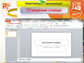Створення слайда
Чашук О.Ф., вчитель інформатики
ЗОШ№23, м.Луцьк
Комп'ютерні презентації
 
