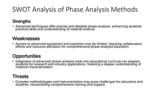 SWOT Analysis of Phase Analysis Methods
Strengths
• Advanced techniques offer precise and detailed phase analysis, enhancing students'
practical skills and understanding of material science.
Weaknesses
• Access to advanced equipment and expertise may be limited, requiring collaborative
efforts and resource allocation for comprehensive phase analysis education.
Opportunities
• Integration of advanced phase analysis tools into educational curricula can prepare
students for research and industry applications, fostering a deeper understanding of
material characterization.
Threats
• Complex methodologies and instrumentation may pose challenges for educators and
students, necessitating comprehensive training and support.
 