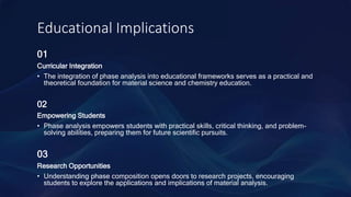 Educational Implications
01
Curricular Integration
• The integration of phase analysis into educational frameworks serves as a practical and
theoretical foundation for material science and chemistry education.
02
Empowering Students
• Phase analysis empowers students with practical skills, critical thinking, and problem-
solving abilities, preparing them for future scientific pursuits.
03
Research Opportunities
• Understanding phase composition opens doors to research projects, encouraging
students to explore the applications and implications of material analysis.
 