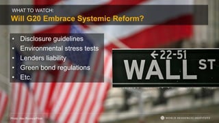 WHAT TO WATCH:
Will G20 Embrace Systemic Reform?
Photo: Alex Proimos/Flickr
• Disclosure guidelines
• Environmental stress tests
• Lenders liability
• Green bond regulations
• Etc.
 