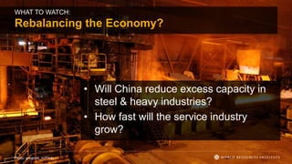 • Will China reduce excess capacity in
steel & heavy industries?
• How fast will the service industry
grow?
Photo: gregoire_m/Flickr
WHAT TO WATCH:
Rebalancing the Economy?
 