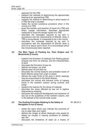 STW 44/3/3
Annex, page 102
I:STW443-3.doc
approach for the TRS
- explains the methods of determining the approximate
bearing of an approaching TRS
- explains the method of determining in which sector of
a TRS the ship is situated
- states the correct avoidance procedure when in the
vicinity of a TRS
- given the position and direction of travel of a TRS and
ship's voyage information, describes appropriate
measures to avoid the danger sector of a TRS
- describes the messages required to be sent in
accordance with the requirements of SOLAS, when a
TRS is encountered, or suspected to be in the vicinity
- describes the message required to be sent in
accordance with the requirement of SOLAS when a
wind of or above storm force 10 is encountered which
has not previously been reported
2.2 The Main Types of Floating Ice, Their Origins and
Movements (2 hours)
R1
- explains the formation of icebergs from floating glacier
tongues and from ice shelves, and the characteristics
of each
- discusses the formation of sea ice
- defines ice tongue, ice shelf
- defines pack ice and fast ice
- discusses the normal seasons and probable tracks of
North Atlantic bergs from origin to decay
- defines the outer limits of the area in which icebergs
may be encountered in the North Atlantic
- discusses the normal and extreme limits of iceberg
travel in the southern oceans during summer and
winter
- explains the reasons for the decay of icebergs
- describes the areas affected by sea ice in regions
frequented by shipping
- discusses the seasonal development and recession of
sea ice on the coastlines of the northern oceans, and
in the latitude of the normal trade routes
2.3 The Guiding Principles Relating to the Safety of
Navigation in Ice (2 hours)
R1, R2 Ch V
- states the signs which may indicate the proximity of
ice on clear days and nights
- defines the ranges at which observers may expect to
detect ice visually in varying conditions of visibility,
see T61
- discusses the limitations of radar as a means of
 