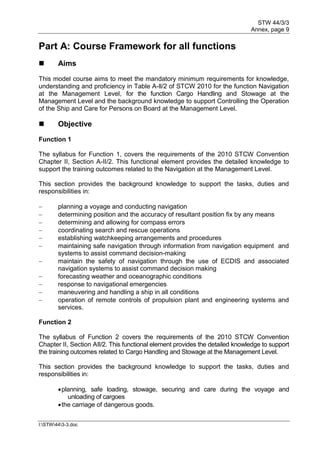 STW 44/3/3
Annex, page 9
I:STW443-3.doc
Part A: Course Framework for all functions
 Aims
This model course aims to meet the mandatory minimum requirements for knowledge,
understanding and proficiency in Table A-ll/2 of STCW 2010 for the function Navigation
at the Management Level, for the function Cargo Handling and Stowage at the
Management Level and the background knowledge to support Controlling the Operation
of the Ship and Care for Persons on Board at the Management Level.
 Objective
Function 1
The syllabus for Function 1, covers the requirements of the 2010 STCW Convention
Chapter II, Section A-II/2. This functional element provides the detailed knowledge to
support the training outcomes related to the Navigation at the Management Level.
This section provides the background knowledge to support the tasks, duties and
responsibilities in:
 planning a voyage and conducting navigation
 determining position and the accuracy of resultant position fix by any means
 determining and allowing for compass errors
 coordinating search and rescue operations
 establishing watchkeeping arrangements and procedures
 maintaining safe navigation through information from navigation equipment and
systems to assist command decision-making
 maintain the safety of navigation through the use of ECDIS and associated
navigation systems to assist command decision making
 forecasting weather and oceanographic conditions
 response to navigational emergencies
 maneuvering and handling a ship in all conditions
 operation of remote controls of propulsion plant and engineering systems and
services.
Function 2
The syllabus of Function 2 covers the requirements of the 2010 STCW Convention
Chapter II, Section AII/2. This functional element provides the detailed knowledge to support
the training outcomes related to Cargo Handling and Stowage at the Management Level.
This section provides the background knowledge to support the tasks, duties and
responsibilities in:
planning, safe loading, stowage, securing and care during the voyage and
unloading of cargoes
the carriage of dangerous goods.
 
