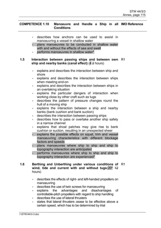 STW 44/3/3
Annex, page 115
I:STW443-3.doc
COMPETENCE 1.10 Manoeuvre and Handle a Ship in all
Conditions
IMO Reference
- describes how anchors can be used to assist in
manoeuvring a vessel in shallow water
- plans manoeuvres to be conducted in shallow water
with and without the effects of sea and swell
- performs manoeuvres in shallow water*
1.5 Interaction between passing ships and between own
ship and nearby banks (canal effect) (4 2 hours)
R1
- explains and describes the interaction between ship and
shore
- explains and describes the interaction between ships
when meeting end-on
- explains and describes the interaction between ships in
an overtaking situation
- explains the particular dangers of interaction when
working close by other craft such as tugs
- describes the pattern of pressure changes round the
hull of a moving ship
- explains the interaction between a ship and nearby
banks (bank cushion and bank suction)
- describes the interaction between passing ships
- describes how to pass or overtake another ship safely
in a narrow channel
- explains that shoal patches may give rise to bank
cushion or suction, resulting in an unexpected sheer
- explains the possible effects on squat, trim and vessel
manoeuvring characteristics with different blockage
factors and speeds
- plans manoeuvres where ship to ship and ship to
topography interaction are anticipated
- performs manoeuvres where ship to ship and ship to
topography interaction are experienced*
1.6 Berthing and Unberthing under various conditions of
wind, tide and current with and without tugs(20* 12
hours)
R1
- describes the effects of right- and left-handed propellers on
manoeuvring
- describes the use of twin screws for manoeuvring
- explains the advantages and disadvantages of
controllable-pitch propellers with regard to ship handling
- describes the use of lateral thrusters
- states that lateral thrusters cease to be effective above a
certain speed, which has to be determined by trial
 