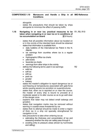 STW 44/3/3
Annex, page 125
I:STW443-3.doc
COMPETENCE 1.10 Manoeuvre and Handle a Ship in all
Conditions
IMO Reference
alongside
- states the precautions that should be taken by ships
alongside to minimize the effect of passing traffic
1.18 Navigating in or near ice; practical measures to be
taken when navigating in or near ice or in conditions of
ice accumulation on board (4 3 hours)
R1, R9, R19
- states that all possible information about ice located on
or in the vicinity of the intended track should be obtained
- states that information is available from:
 daily bulletins of the International Ice Patrol in the N.
Atlantic
 ice warnings from countries where ice is a regular
problem
 Hydrographic Office ice charts
 pilot books
 facsimile ice charts
 warnings from other ships in the vicinity
- defines the following terms used in ice warnings:
 solid ice
 soft ice
 drift ice
 pack ice
 growler
 iceberg
R2
- states the master's obligation to report dangerous ice or
sub-freezing air temperatures associated with gale-force
winds causing severe ice accretion on superstructures
- states that, when ice is reported on or near the course,
the master of every ship is bound to proceed at a
moderate speed or to alter course so as to go well clear
of the danger zone
- explains that radar may not detect small icebergs and
growlers
- states that navigation marks may be removed without
warning in coastal areas threatened by ice
- states that no attempt should be made to enter a region
of thick ice in a ship not specially strengthened for
navigation in ice
- lists precautions to take when entering ice as:
 estimating the thickness and concentration of ice and
assessing whether the ship can safely pass through it
 avoiding entry to pressure areas (shown by hummocks
and rafting)
 