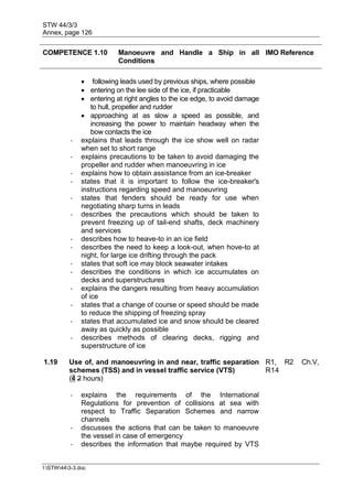 STW 44/3/3
Annex, page 126
I:STW443-3.doc
COMPETENCE 1.10 Manoeuvre and Handle a Ship in all
Conditions
IMO Reference
 following leads used by previous ships, where possible
 entering on the lee side of the ice, if practicable
 entering at right angles to the ice edge, to avoid damage
to hull, propeller and rudder
 approaching at as slow a speed as possible, and
increasing the power to maintain headway when the
bow contacts the ice
- explains that leads through the ice show well on radar
when set to short range
- explains precautions to be taken to avoid damaging the
propeller and rudder when manoeuvring in ice
- explains how to obtain assistance from an ice-breaker
- states that it is important to follow the ice-breaker's
instructions regarding speed and manoeuvring
- states that fenders should be ready for use when
negotiating sharp turns in leads
- describes the precautions which should be taken to
prevent freezing up of tail-end shafts, deck machinery
and services
- describes how to heave-to in an ice field
- describes the need to keep a look-out, when hove-to at
night, for large ice drifting through the pack
- states that soft ice may block seawater intakes
- describes the conditions in which ice accumulates on
decks and superstructures
- explains the dangers resulting from heavy accumulation
of ice
- states that a change of course or speed should be made
to reduce the shipping of freezing spray
- states that accumulated ice and snow should be cleared
away as quickly as possible
- describes methods of clearing decks, rigging and
superstructure of ice
1.19 Use of, and manoeuvring in and near, traffic separation
schemes (TSS) and in vessel traffic service (VTS)
(4 2 hours)
R1, R2 Ch.V,
R14
- explains the requirements of the International
Regulations for prevention of collisions at sea with
respect to Traffic Separation Schemes and narrow
channels
- discusses the actions that can be taken to manoeuvre
the vessel in case of emergency
- describes the information that maybe required by VTS
 