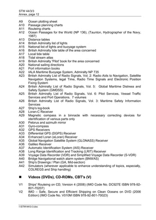 STW 44/3/3
Annex, page 12
I:STW443-3.doc
A9 Ocean plotting sheet
A10 Passage planning charts
A11 Routeing charts
A12 Ocean Passages for the World (NP 136), (Taunton, Hydrographer of the Navy,
1987)
A13 Distance tables
A14 British Admiralty list of lights
A15 National list of lights and buoyage system
A16 British Admiralty tide table of the area concerned
A17 Local tide table
A18 Tidal stream atlas
A19 British Admiralty 'Pilot' book for the area concerned
A20 National sailing directions
A21 Port information books
A22 IALA Maritime Buoyage System, Admiralty NP 735
A23 British Admiralty List of Radio Signals, Vol. 2: Radio Aids to Navigation, Satellite
Navigation Systems, legal Time, Radio Time Signals and Electronic Position
Fixing System
A24 British Admiralty List of Radio Signals, Vol. 5: Global Maritime Distress and
Safety System (GMDSS)
A25 British Admiralty List of Radio Signals, Vol. 6: Pilot Services, Vessel Traffic
Services and Port Operations. 7 volumes
A26 British Admiralty List of Radio Signals, Vol. 3: Maritime Safety Information
Services
A27 Ship's log-book
A28 Loran-C Receiver
A29 Magnetic compass in a binnacle with necessary correcting devices for
identification of various parts only
A30 Pelorus and azimuth mirror
A31 Gyro-compass
A32 GPS Receivers
A33 Differential GPS (DGPS) Receiver
A34 Enhanced Loran (eLoran) Receiver
A35 Global Navigation Satellite System (GLONASS) Receiver
A36 Galileo Receiver
A37 Automatic Identification System (AIS) Receiver
A38 Long Range Identification and Tracking (LRIT) Receiver
A39 Voyage Data Recorder (VDR) and Simplified Voyage Data Recorder (S-VDR)
A40 Bridge Navigational watch alarm system (BNWAS)
A41 Ship's Drawings / Plan (GA, Mid-section)
A42 Simulators (wherever applicable to enhance understanding of topics, especially,
COLREGS and Ship handling)
 Videos (DVDs), CD-ROMs, CBT's (V)
V1 Ships' Routeing on CD, Version 4 (2008) (IMO Code No. DC927E ISBN 978-92-
801-70207)
V2 IMO – Safe, Secure and Efficient Shipping on Clean Oceans on DVD (2006
Edition) (IMO Code No. V010M ISBN 978-92-801-70023)
 