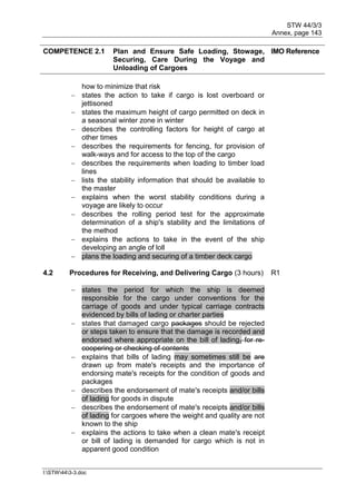 STW 44/3/3
Annex, page 143
I:STW443-3.doc
COMPETENCE 2.1 Plan and Ensure Safe Loading, Stowage,
Securing, Care During the Voyage and
Unloading of Cargoes
IMO Reference
how to minimize that risk
 states the action to take if cargo is lost overboard or
jettisoned
 states the maximum height of cargo permitted on deck in
a seasonal winter zone in winter
 describes the controlling factors for height of cargo at
other times
 describes the requirements for fencing, for provision of
walk-ways and for access to the top of the cargo
 describes the requirements when loading to timber load
lines
 lists the stability information that should be available to
the master
 explains when the worst stability conditions during a
voyage are likely to occur
 describes the rolling period test for the approximate
determination of a ship's stability and the limitations of
the method
 explains the actions to take in the event of the ship
developing an angle of loll
 plans the loading and securing of a timber deck cargo
4.2 Procedures for Receiving, and Delivering Cargo (3 hours) R1
 states the period for which the ship is deemed
responsible for the cargo under conventions for the
carriage of goods and under typical carriage contracts
evidenced by bills of lading or charter parties
 states that damaged cargo packages should be rejected
or steps taken to ensure that the damage is recorded and
endorsed where appropriate on the bill of lading, for re-
coopering or checking of contents
 explains that bills of lading may sometimes still be are
drawn up from mate's receipts and the importance of
endorsing mate's receipts for the condition of goods and
packages
 describes the endorsement of mate's receipts and/or bills
of lading for goods in dispute
 describes the endorsement of mate's receipts and/or bills
of lading for cargoes where the weight and quality are not
known to the ship
 explains the actions to take when a clean mate's receipt
or bill of lading is demanded for cargo which is not in
apparent good condition
 