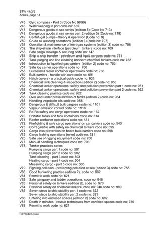 STW 44/3/3
Annex, page 14
I:STW443-3.doc
V45 Gyro compass - Part 3 (Code No 9899)
V46 Watchkeeping in port code no: 659
V47 Dangerous goods at sea series (edition 5) (Code No 713)
V48 Dangerous goods at sea series part 2 (edition 5) (Code no: 719)
V49 Centrifugal pumps - theory & operation (Code no: 9)
V50 Crude oil washing operations (edition 3) (code no: 707)
V51 Operation & maintenance of inert gas systems (edition 3) code no: 708
V52 The ship-shore interface (petroleum tankers) code no: 709
V53 Safe cargo stowage & securing code no: 747
V54 Ship to ship transfer - petroleum and liquid cargoes code no: 751
V55 Tank purging and line cleaning onboard chemical tankers code no: 752
V56 Introduction to liquefied gas carriers (edition 2) code no: 753
V57 Safe log carrier operations code no: 760
V58 Successful reefer container operations code no: 788
V59 Bulk carriers - handle with care code no: 691
V60 Hatch covers - a practical guide code no: 938
V61 Chemical tank cleaning & inspection (edition 2) code no: 950
V62 Chemical tanker operations: safety and pollution prevention part 1 code no: 951
V63 Chemical tanker operations: safety and pollution prevention part 2 code no: 952
V64 Tank cleaning practice code no: 982
V65 Over and under pressurization of tanks (edition 2) code no: 984
V66 Handling vegetable oils code no: 988
V67 Dangerous & difficult bulk cargoes code no: 1101
V68 Vapour emission control code no: 1118
V69 Ro-Ro safety and cargo operations code no: 162
V70 Portable tanks and tank containers code no: 314
V71 Reefer container operations code no: 481
V72 Firefighting & safe cargo operations on car carriers code no: 540
V73 Don't gamble with safety on chemical tankers code no: 595
V74 Cargo loss prevention on board bulk carriers code no: 598
V75 Cargo lashing operations (ro-ro) code no: 631
V76 Safe use of rigging equipment code no: 700
V77 Manual handling techniques code no: 703
V78 Tanker practices series
Pumping cargo part 1 code no: 501
Pumping cargo part 2 code no: 502
Tank cleaning - part 3 code no: 503
Heating cargo - part 4 code no: 504
Measuring cargo - part 5 code no: 505
V79 Fighting pollution - preventing pollution at sea (edition 3) code no: 755
V80 Good bunkering practice (edition 2), code no: 962
V81 Permit to work code no: 621
V82 Safe gangway and ladder operations, code no: 946
V83 Personal safety on tankers (edition 2), code no: 970
V84 Personal safety on chemical tankers, code no: 946 code no: 980
V85 Seven steps to ship stability part 1 code no: 622
Seven steps to ship stability part 2 code no: 623
V86 Entering into enclosed spaces (edition 2) code no: 682
V87 Death in minutes - rescue techniques from confined spaces code no: 750
V88 Permit to work code no: 621
 