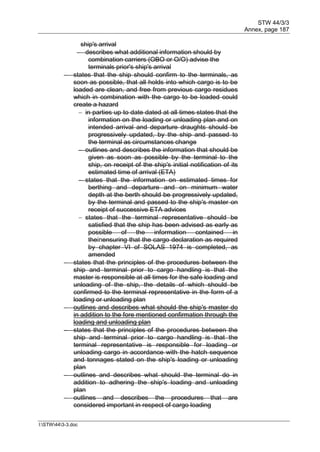 STW 44/3/3
Annex, page 187
I:STW443-3.doc
ship's arrival
 describes what additional information should by
combination carriers (OBO or O/O) advise the
terminals prior's ship's arrival
 states that the ship should confirm to the terminals, as
soon as possible, that all holds into which cargo is to be
loaded are clean, and free from previous cargo residues
which in combination with the cargo to be loaded could
create a hazard
 in parties up to date dated at all times states that the
information on the loading or unloading plan and on
intended arrival and departure draughts should be
progressively updated, by the ship and passed to
the terminal as circumstances change
 outlines and describes the information that should be
given as soon as possible by the terminal to the
ship, on receipt of the ship's initial notification of its
estimated time of arrival (ETA)
 states that the information on estimated times for
berthing and departure and on minimum water
depth at the berth should be progressively updated,
by the terminal and passed to the ship's master on
receipt of successive ETA advices
 states that the terminal representative should be
satisfied that the ship has been advised as early as
possible of the information contained in
theinensuring that the cargo declaration as required
by chapter VI of SOLAS 1974 is completed, as
amended
 states that the principles of the procedures between the
ship and terminal prior to cargo handling is that the
master is responsible at all times for the safe loading and
unloading of the ship, the details of which should be
confirmed to the terminal representative in the form of a
loading or unloading plan
 outlines and describes what should the ship's master do
in addition to the fore mentioned confirmation through the
loading and unloading plan
 states that the principles of the procedures between the
ship and terminal prior to cargo handling is that the
terminal representative is responsible for loading or
unloading cargo in accordance with the hatch sequence
and tonnages stated on the ship's loading or unloading
plan
 outlines and describes what should the terminal do in
addition to adhering the ship's loading and unloading
plan
 outlines and describes the procedures that are
considered important in respect of cargo loading
 
