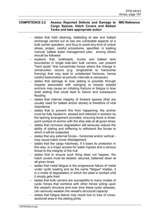 STW 44/3/3
Annex, page 197
I:STW443-3.doc
COMPETENCE 2.2 Assess Reported Defects and Damage to
Cargo Spaces, Hatch Covers and Ballast
Tanks and take appropriate action
IMO Reference
 states that hold cleaning, ballasting at sea and ballast
exchange carried out at sea are vulnerable aspects of a
bulk carrier operation, and thus to avoid any kind of undue
stress, proper, careful procedures, specified, in loading
manual, ballast water management plan, among others
should be followed
 explains that, bulkheads, trunks and ballast tank
boundaries in single side-skin bulk carriers, can present
"hard spots" that concentrate forces where the change in
construction occurs (e.g. longitudinal to transverse
framing) that may lead to undetected fractures, hence
careful examination at periodic intervals is necessary
 states that damage to bow plating is possible through
impacts associated with swinging or loosely stowed
anchors may cause an initiating fracture or fatigue in bow
shell plating that could lead to failure and subsequent
flooding
 states that internal integrity of forward spaces (that are
usually used for ballast and/or stores) is therefore of vital
importance
 states that to prevent this from happening, the anchor
must be fully hauled-in, stowed and retained in position by
the lashing arrangement provided, ensuring there is three-
point contact of anchor with the ship side at all given times
 states that corrosion degradation will seriously reduce the
ability of plating and stiffening to withstand the forces to
which it will be subjected
 states that any external forces - horizontal and/or vertical -
may cause hatch cover dislodgement
 states that the cargo hatchway, if it loses its protection in
this way, is a major access for water ingress and a serious
threat to the integrity of the hull
 states that to ensure such thing does not happen, the
hatch covers must be stowed, secured, battened down at
all given times
 states that metal fatigue is the progressive failure of metal
under cyclic loading and as the name "fatigue" implies, it
is a mode of degradation in which the steel is worked until
it simply gets tired
 states that bulk carriers are susceptible to many modes of
cyclic forces that combine with other forces acting upon
the vessel's structure and over time these cyclic stresses,
can seriously weaken the vessel's structural capacity
 states that fatigue failure may result due to loss of cross-
sectional area in the plating joints
 