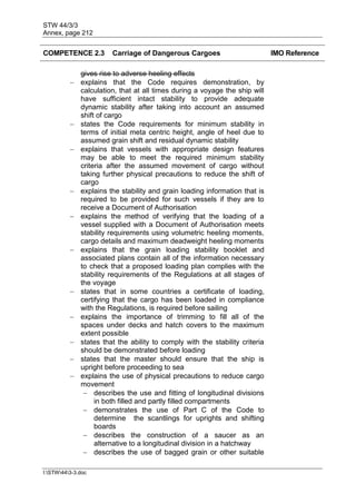 STW 44/3/3
Annex, page 212
I:STW443-3.doc
COMPETENCE 2.3 Carriage of Dangerous Cargoes IMO Reference
gives rise to adverse heeling effects
 explains that the Code requires demonstration, by
calculation, that at all times during a voyage the ship will
have sufficient intact stability to provide adequate
dynamic stability after taking into account an assumed
shift of cargo
 states the Code requirements for minimum stability in
terms of initial meta centric height, angle of heel due to
assumed grain shift and residual dynamic stability
 explains that vessels with appropriate design features
may be able to meet the required minimum stability
criteria after the assumed movement of cargo without
taking further physical precautions to reduce the shift of
cargo
 explains the stability and grain loading information that is
required to be provided for such vessels if they are to
receive a Document of Authorisation
 explains the method of verifying that the loading of a
vessel supplied with a Document of Authorisation meets
stability requirements using volumetric heeling moments,
cargo details and maximum deadweight heeling moments
 explains that the grain loading stability booklet and
associated plans contain all of the information necessary
to check that a proposed loading plan complies with the
stability requirements of the Regulations at all stages of
the voyage
 states that in some countries a certificate of loading,
certifying that the cargo has been loaded in compliance
with the Regulations, is required before sailing
 explains the importance of trimming to fill all of the
spaces under decks and hatch covers to the maximum
extent possible
 states that the ability to comply with the stability criteria
should be demonstrated before loading
 states that the master should ensure that the ship is
upright before proceeding to sea
 explains the use of physical precautions to reduce cargo
movement
 describes the use and fitting of longitudinal divisions
in both filled and partly filled compartments
 demonstrates the use of Part C of the Code to
determine the scantlings for uprights and shifting
boards
 describes the construction of a saucer as an
alternative to a longitudinal division in a hatchway
 describes the use of bagged grain or other suitable
 