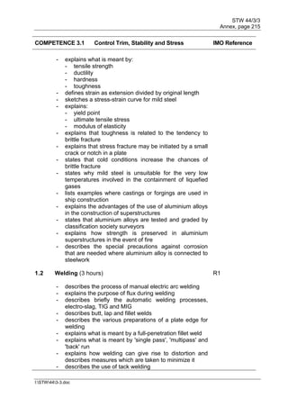 STW 44/3/3
Annex, page 215
I:STW443-3.doc
COMPETENCE 3.1 Control Trim, Stability and Stress IMO Reference
- explains what is meant by:
- tensile strength
- ductility
- hardness
- toughness
- defines strain as extension divided by original length
- sketches a stress-strain curve for mild steel
- explains:
- yield point
- ultimate tensile stress
- modulus of elasticity
- explains that toughness is related to the tendency to
brittle fracture
- explains that stress fracture may be initiated by a small
crack or notch in a plate
- states that cold conditions increase the chances of
brittle fracture
- states why mild steel is unsuitable for the very low
temperatures involved in the containment of liquefied
gases
- lists examples where castings or forgings are used in
ship construction
- explains the advantages of the use of aluminium alloys
in the construction of superstructures
- states that aluminium alloys are tested and graded by
classification society surveyors
- explains how strength is preserved in aluminium
superstructures in the event of fire
- describes the special precautions against corrosion
that are needed where aluminium alloy is connected to
steelwork
1.2 Welding (3 hours) R1
- describes the process of manual electric arc welding
- explains the purpose of flux during welding
- describes briefly the automatic welding processes,
electro-slag, TIG and MIG
- describes butt, lap and fillet welds
- describes the various preparations of a plate edge for
welding
- explains what is meant by a full-penetration fillet weld
- explains what is meant by 'single pass', 'multipass' and
'back' run
- explains how welding can give rise to distortion and
describes measures which are taken to minimize it
- describes the use of tack welding
 