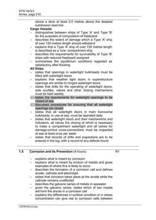 STW 44/3/3
Annex, page 218
I:STW443-3.doc
above a deck at least 2.0 metres above the deepest
subdivision load line
Cargo Vessels
- distinguishes between ships of Type 'A' and Type 'B'
for the purposes of computation of freeboard
- describes the extent of damage which a Type 'A' ship
of over 150 metres length should withstand
- explains that a Type 'A' ship of over 150 metres length
is described as a 'one- compartment ship
- describes the requirements for survivability of Type 'B'
ships with reduced freeboard assigned
- summarises the equilibrium conditions regarded as
satisfactory after flooding
All Ships
- states that openings in watertight bulkheads must be
fitted with watertight doors
- explains that weather tight doors in superstructure
openings are similar to hinged watertight doors
- states that drills for the operating of watertight doors,
side scuttles, valves and other closing mechanisms
must be held weekly
- states the requirements for watertight openings to be
closed at sea
- discusses procedures for ensuring that all watertight
openings are closed
- states that all watertight doors in main transverse
bulkheads, in use at sea, must be operated daily
- states that watertight doors and their mechanisms and
indicators, all valves the closing of which is necessary
to make a compartment watertight and all valves for
damage-control cross-connections must be inspected
at sea at least once per week
- states that records of drills and inspections are to be
entered in the log, with a record of any defects found
1.5 Corrosion and its Prevention (4 hours) R1
- explains what is meant by corrosion
- explains what is meant by erosion of metals and gives
examples of where this is likely to occur
- describes the formation of a corrosion cell and defines
anode, cathode and electrolyte
- states that corrosion takes place at the anode while the
cathode remains unaffected
- describes the galvanic series of metals in seawater
- given the galvanic series, states which of two metals
will form the anode in a corrosion cell
- explains the differences in surface condition or in stress
concentration can give rise to corrosion cells between
 