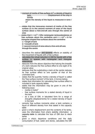 STW 44/3/3
Annex, page 223
I:STW443-3.doc
= moment of inertia of free surface (m4
) x density of liquid in
tank Displacement of the ship in
tonnes
where the density of the liquid is measured in tone /
m3
- states that the transverse moment of inertia of the free
surface (I) is the second moment of area of the liquid
surface about a fore-and-aft axis through the centre of
area
- states that I = Lb3
/ 12for rectangular tankswaterplanes or
free surfaces about the centreline and I = Lb3
/ 6 for
triangular shaped free surfaces about the centreline
L = length of tank
b = breadth of tank
I= second moment of area about a fore-and-aft axis
through the centre
- describes the statical and dynamic effects on stability of
the movement of liquids with a free surface
- calculates the virtual reduction in GM for liquids with a free
surface in spaces with rectangular and triangular
waterplanes
- deduces from the above objective that halving the breadth
of a tank reduces the free surface effect to one eight of its
original value
- deduces that the subdividing a tank at the centre reduces
its free surface effect to one quarter of that of the
undivided tank
- states that the quantity 'inertia x density of liquid' is called
the 'free surface moment' of the tank, in tonne-metres
- states that information for calculating free surface effect is
included in tank capacity tables
- states that the information may be given in one of the
following ways:
- inertia in metre4
- free surface moments for a stated density of liquid in
the tank
- as a loss of GM, in tabulated form for a range of
draughts (displacements) for a stated density of liquid
in the tank
- corrects free surface moments when a tank contains a
liquid of different density from that slated in the capacity
table
- given a ship's displacement and the contents of its tanks,
uses the information from ship's stability information a
capacity table to calculate the loss of GM due to slack
tanks
- given a ship's departure conditions and the daily
consumption of fuel, water and stores, calculates the GM
 