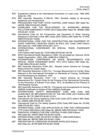 STW 44/3/3
Annex, page 21
I:STW443-3.doc
R78 Supplement relating to the International Convention on Load Lines, 1966 (IMO
Sales No. 705)
R79 IMO Assembly Resolution A.760(18) 1993. Symbols related to life-saving
appliances and arrangements
R80 PROCEDURES FOR PORT STATE CONTROL (2000 Edition) IMO Sales No.
IA650E ISBN 978-92-801-50995
R81 GUIDELINES FOR THE DEVELOPMENT OF SHIPBOARD MARINE
POLLUTION EMERGENCY PLANS (2010 Edition)IMO Sales No. IB586E ISBN
978-92-801-15185
R82 International Code for the Construction and Equipment of Ships Carrying
Dangerous Chemicals in Bulk (IBC Code) (2007 Edition) IMO Sales No. IC100E
ISBN 978-92-801-42266
R83 INTERNATIONAL CODE FOR THE CONSTRUCTION AND EQUIPMENT OF
SHIPS CARRYING LIQUEFIED GASES IN BULK (IGC Code) (1993 Edition)
IMO Sales No. I104E ISBN 978-92-801-12771
R84 INTERNATIONAL CONFERENCE ON SPECIAL TRADE PASSENGER
SHIPS,1971
(1972 Edition) IMO Sales No. I727B ISBN 978-92-801-00136
R85 WHO International Health Regulations (1969), 3rd annotated ed. (Geneva, World
Health Organization, 1983), (HR), (ISBN 92-4-158007-0)
R86 INTERNATIONAL CONFERENCE ON SPACE REQUIREMENTS FOR
SPECIAL TRADE PASSENGER SHIPS, 1973 (1973 Edition) IMO Sales No.
I734B ISBN 978-92-801-00228
R87 IMO Assembly Resolution A.494 (XII) - Revised Interim Scheme for Tonnage
Measurement for Certain Ships
R88 IMO Assembly Resolution A.540 (13) - Tonnage Measurement for Certain Ships
Relevant to the International Convention on Standards of Training, Certification
And Watchkeeping for Seafarers, 1978
R89 IMO Assembly Resolution A.541 (13) - Interim Scheme for Tonnage
Measurement for / Certain Ships for the Purpose of the International Convention
for the Prevention of Pollution From Ships, 1973, As Modified by the Protocol of
1978 Relating Thereto
R90 IMO Assembly Resolution A.769(18) - Procedures and Arrangements for Issuing
GMDSS Certificates to Holders of Non-GMDSS Certificates
R91 INTERNATIONAL SAFETY MANAGEMENT CODE (ISM Code) AND
GUIDELINES ON IMPLEMENTATION OF THE ISM CODE (2010 Edition) IMO
Sales No. IB117E ISBN 978-92-801-51510
R92 International Life Saving Appliance Code (LSA Code) (2010 edition) IMO Sales
No. ID982E ISBN 978-92-801-15079
R93 International Code for Fire Safety Systems (FSS Code) IMO Sales No. IA155E
ISBN 978-92-801-14812
R94 INTERNATIONAL CODE FOR APPLICATION OF FIRE TEST PROCEDURES
(FTP Code)(1998 Edition) IMO Sales No. IB844E ISBN 978-92-801-14522
R95 GRAPHICAL SYMBOLS FOR FIRE CONTROL PLANS (2006 Edition)
IMO Sales No. IA847E ISBN 978-92-801-42259
R96 INTERNATIONAL CODE ON INTACT STABILITY, 2008 (2009 Edition)
IMO Sales No. IB874E ISBN 978-92-801-15062
R97 PREVENTION OF CORROSION ON BOARD SHIPS (2010 Edition)
IMO Sales No. I877M ISBN 978-92-801-00358
 