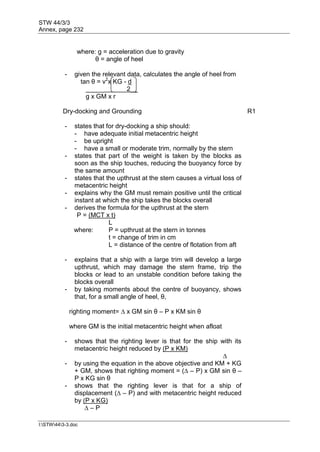 STW 44/3/3
Annex, page 232
I:STW443-3.doc
where: g = acceleration due to gravity
θ = angle of heel
- given the relevant data, calculates the angle of heel from
tan θ = v2
x KG - d
_____ 2__
g x GM x r
Dry-docking and Grounding
- states that for dry-docking a ship should:
- have adequate initial metacentric height
- be upright
- have a small or moderate trim, normally by the stern
R1
- states that part of the weight is taken by the blocks as
soon as the ship touches, reducing the buoyancy force by
the same amount
- states that the upthrust at the stern causes a virtual loss of
metacentric height
- explains why the GM must remain positive until the critical
instant at which the ship takes the blocks overall
- derives the formula for the upthrust at the stern
P = (MCT x t)
L
where: P = upthrust at the stern in tonnes
t = change of trim in cm
L = distance of the centre of flotation from aft
- explains that a ship with a large trim will develop a large
upthrust, which may damage the stern frame, trip the
blocks or lead to an unstable condition before taking the
blocks overall
- by taking moments about the centre of buoyancy, shows
that, for a small angle of heel, θ,
righting moment= ∆ x GM sin θ – P x KM sin θ
where GM is the initial metacentric height when afloat
- shows that the righting lever is that for the ship with its
metacentric height reduced by (P x KM)
∆
- by using the equation in the above objective and KM + KG
+ GM, shows that righting moment = (∆ – P) x GM sin θ –
P x KG sin θ
- shows that the righting lever is that for a ship of
displacement (∆ – P) and with metacentric height reduced
by (P x KG)
∆ – P
 