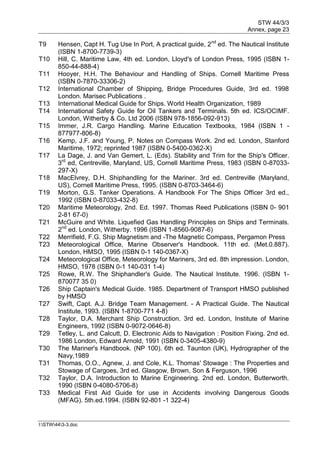 STW 44/3/3
Annex, page 23
I:STW443-3.doc
T9 Hensen, Capt H. Tug Use In Port, A practical guide, 2nd
ed. The Nautical Institute
(ISBN 1-8700-7739-3)
T10 Hill, C. Maritime Law, 4th ed. London, Lloyd's of London Press, 1995 (ISBN 1-
850-44-888-4)
T11 Hooyer, H.H. The Behaviour and Handling of Ships. Cornell Maritime Press
(ISBN 0-7870-33306-2)
T12 International Chamber of Shipping, Bridge Procedures Guide, 3rd ed. 1998
London. Marisec Publications .
T13 International Medical Guide for Ships. World Health Organization, 1989
T14 International Safety Guide for Oil Tankers and Terminals. 5th ed. ICS/OCIMF.
London, Witherby & Co. Ltd 2006 (ISBN 978-1856-092-913)
T15 Immer, J.R. Cargo Handling. Marine Education Textbooks, 1984 (ISBN 1 -
877977-806-8)
T16 Kemp, J.F. and Young, P. Notes on Compass Work. 2nd ed. London, Stanford
Maritime, 1972; reprinted 1987 (ISBN 0-5400-0362-X)
T17 La Dage, J. and Van Gemert, L. (Eds). Stability and Trim for the Ship's Officer.
3rd
ed, Centreville, Maryland, US, Cornell Maritime Press, 1983 (ISBN 0-87033-
297-X)
T18 MacElvrey, D.H. Shiphandling for the Mariner. 3rd ed. Centreville (Maryland,
US), Cornell Maritime Press, 1995. (ISBN 0-8703-3464-6)
T19 Morton, G.S. Tanker Operations. A Handbook For The Ships Officer 3rd ed.,
1992 (ISBN 0-87033-432-8)
T20 Maritime Meteorology, 2nd. Ed. 1997. Thomas Reed Publications (ISBN 0- 901
2-81 67-0)
T21 McGuire and White. Liquefied Gas Handling Principles on Ships and Terminals.
2nd
ed. London, Witherby. 1996 (ISBN 1-8560-9087-6)
T22 Merrifield, F.G. Ship Magnetism and -The Magnetic Compass, Pergamon Press
T23 Meteorological Office, Marine Observer's Handbook. 11th ed. (Met.0.887).
London, HMSO, 1995 (ISBN 0-1 140-0367-X)
T24 Meteorological Office, Meteorology for Mariners, 3rd ed. 8th impression. London,
HMSO, 1978 (ISBN 0-1 140-031 1-4)
T25 Rowe, R.W. The Shiphandler's Guide. The Nautical Institute. 1996. (ISBN 1-
870077 35 0)
T26 Ship Captain's Medical Guide. 1985. Department of Transport HMSO published
by HMSO
T27 Swift, Capt. A.J. Bridge Team Management. - A Practical Guide. The Nautical
Institute, 1993. (ISBN 1-8700-771 4-8)
T28 Taylor, D.A. Merchant Ship Construction. 3rd ed. London, Institute of Marine
Engineers, 1992 (ISBN 0-9072-0646-8)
T29 Tetley, L. and Calcutt, D. Electronic Aids to Navigation : Position Fixing. 2nd ed.
1986 London, Edward Arnold, 1991 (ISBN 0-3405-4380-9)
T30 The Mariner's Handbook. (NP 100). 6th ed. Taunton (UK), Hydrographer of the
Navy,1989
T31 Thomas, O.O., Agnew, J. and Cole, K.L. Thomas' Stowage : The Properties and
Stowage of Cargoes, 3rd ed. Glasgow, Brown, Son & Ferguson, 1996
T32 Taylor, D.A. Introduction to Marine Engineering. 2nd ed. London, Butterworth.
1990 (ISBN 0-4080-5706-8)
T33 Medical First Aid Guide for use in Accidents involving Dangerous Goods
(MFAG). 5th.ed.1994. (ISBN 92-801 -1 322-4)
 