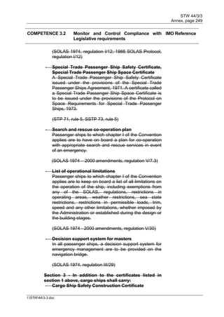 STW 44/3/3
Annex, page 249
I:STW443-3.doc
COMPETENCE 3.2 Monitor and Control Compliance with
Legislative requirements
IMO Reference
(SOLAS 1974, regulation I/12; 1988 SOLAS Protocol,
regulation I/12)
- Special Trade Passenger Ship Safety Certificate,
Special Trade Passenger Ship Space Certificate
A Special Trade Passenger Ship Safety Certificate
issued under the provisions of the Special Trade
Passenger Ships Agreement, 1971. A certificate called
a Special Trade Passenger Ship Space Certificate is
to be issued under the provisions of the Protocol on
Space Requirements for Special Trade Passenger
Ships, 1973.
(STP 71, rule 5, SSTP 73, rule 5)
- Search and rescue co-operation plan
Passenger ships to which chapter I of the Convention
applies are to have on board a plan for co-operation
with appropriate search and rescue services in event
of an emergency.
(SOLAS 1974 – 2000 amendments, regulation V/7.3)
- List of operational limitations
Passenger ships to which chapter I of the Convention
applies are to keep on board a list of all limitations on
the operation of the ship, including exemptions from
any of the SOLAS, regulations, restrictions in
operating areas, weather restrictions, sea state
restrictions, restrictions in permissible loads, trim,
speed and any other limitations, whether imposed by
the Administration or established during the design or
the building stages.
(SOLAS 1974 - 2000 amendments, regulation V/30)
- Decision support system for masters
In all passenger ships, a decision support system for
emergency management are to be provided on the
navigation bridge.
(SOLAS 1974, regulation III/29)
Section 3 - In addition to the certificates listed in
section 1 above, cargo ships shall carry:
- Cargo Ship Safety Construction Certificate
 