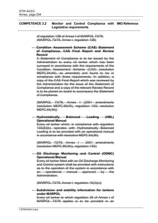 STW 44/3/3
Annex, page 254
I:STW443-3.doc
COMPETENCE 3.2 Monitor and Control Compliance with
Legislative requirements
IMO Reference
of regulation 13B of Annex I of MARPOL 73/78.
(MARPOL 73/78, Annex I, regulation 13B)
 Condition Assessment Scheme (CAS) Statement
of Compliance, CAS Final Report and Review
Record
A Statement of Compliance is to be issued by the
Administration to every oil tanker which has been
surveyed in accordance with the requirements of the
Condition Assessment Scheme (CAS) (resolution
MEPC.94(46), as amended) and found to be in
compliance with these requirements. In addition, a
copy of the CAS Final Report which was reviewed by
the Administration for the issue of the Statement of
Compliance and a copy of the relevant Review Record
is to be placed on board to accompany the Statement
of Compliance.
(MARPOL 73/78, Annex I (2001 amendments
(resolution MEPC.95(46), regulation 13G; resolution
MEPC.94(46))
- Hydrostatically Balanced Loading (HBL)
Operational Manual
Every oil tanker which, in compliance with regulation
13G(6)(b), operates with Hydrostatically Balanced
Loading is to be provided with an operational manual
in accordance with resolution MEPC.64(36).
(MARPOL 73/78, Annex I - 2001 amendments
(resolution MEPC.95(46)), regulation 13G)
- Oil Discharge Monitoring and Control (ODMC)
Operational Manual
Every oil tanker fitted with an Oil Discharge Monitoring
and Control system shall be provided with instructions
as to the operation of the system in accordance with
an operational manual approved by the
Administration.
(MARPOL 73/78, Annex I, regulation 15(3)(c))
- Subdivision and stability information for tankers
under MARPOL
Every oil tanker to which regulation 25 of Annex I of
MARPOL 73/78 applies is to be provided in an
 