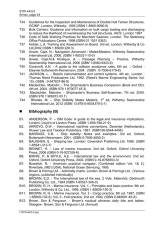 STW 44/3/3
Annex, page 24
I:STW443-3.doc
T34 Guidelines for the Inspection and Maintenance of Double Hull Tanker Structures.
OCIMF. London, Witherby. 1995 (ISBN 1-8560-9090-9)
T35 Bulk Carriers: Guidance and information on bulk cargo loading and discharging
to reduce the likelihood of overstressing the hull structures. IACS. London 1997
T36 Code of Safe Working Practices for Merchant Seamen, London. The Stationery
Office Publications Centre, 1998 (ISBN 01 1551 8363)
T37 Holder, L.A. Training and Assessment on Board. 3rd ed. London, Witherby & Co
Ltd,2002 (ISBN 1 85609 228 3)
T38 Anwar, Capt. N.- Navigation Advanced - Mates/Masters, Witherby Seamanship
International Ltd, 2006, (ISBN 1-905331-15-0)
T39 Anwar, Capt.N.& Khalique, A. - Passage Planning – Practice, Witherby
Seamanship International Ltd, 2006 (ISBN 1-8560-9323-9)
T40 Cockcroft, A.N. - A guide to the collision avoidance rules. 6th ed. : Oxford :
Elsevier Butterworth-Heinemann, 2004. (ISBN : 0-7506-6179-8)
T41 JACKSON, L. - Reed's instrumentation and control systems. 4th ed.. London :
Thomas Reed Publications Ltd, 1992. (Reed's Marine Engineering Series Vol.
10). (ISBN : 0-947637-86-9)
T42 Maclachlan, Malcolm. - The Shipmaster's Business Companion (Book and CD),
4th ed, 2004. (ISBN 978 1 870077 45 3)
T43 Maclachlan, Malcolm. - Shipmaster's Business Self-Examiner, 7th ed, 2009.
(ISBN 978 1 906915 00 1)
T44 Rhodes, M. – Ship Stability Mates Masters, 1st
ed, Witherby Seamanship
International Ltd, 2012 (ISBN 13:978-0-9534379-3-1)
 Bibliography (B)
B1. ANDERSON, P. – ISM Code: A guide to the legal and insurance implications.
London, Lloyd's of London Press. (ISBN 1-859-786-21-9)
B2. ARROYO, D.W. - International maritime conventions. Deventer (Netherlands),
Kluwer Law and Taxation Publishers, 1991. (ISBN 90-6544-4408)
B3. BARRASS, C.B. – Ship stability: Notes and examples. 3rd ed. Oxford,
Butterwoth-Heinemann, 2001. (ISBN 0-7506-4850-3)
B4. BAUGHEN, S. - Shipping law. London: Cavendish Publishing Ltd, 1998. (ISBN
1-85941-313-7)
B5. BENNET, H. – Law of marine insurance. 2nd ed. Oxford, Oxford University
Press, 2006 (ISBN 0-19-927359-6)
B6. BIRNIE, P. & BOYLE, A.E. - International law and the environment. 2nd ed.
Oxford, Oxford University Press, 2002. (ISBN 0-19-8766553-3)
B7. Bowditch, N. - American practical navigator. (Combined edition Vol. 1& 2).
Riverdale, (MD) (USA), National Ocean Servicing, 1995.
B8. Brown & Perring Ltd. - Admiralty charts. London, Brown & Perrings Ltd. (Various
regions, published individually)
B9. BROWN, E.D. - The International law of the sea. 2 Vols. Aldershot, Dartmouth
Publishing Co. Ltd., 1994 (ISBN 1-85521-306-0)
B10. BROWN, R. H. - Marine insurance. Vol. 1 - Principles and basic practice. 6th ed.
London, Witherby & Co. Ltd., 1999. (ISBN 1-85609-150-3)
B11. BROWN, R. H. - Marine insurance. Vol. 2 - Cargo practice. 5th ed. 1997, (ISBN
1-85609-132-5); Vol. 3 - Hull practice. 2nd ed. 1992. (ISBN 0-948691-45-X).
B12. Brown, Son & Ferguson. - Brown's nautical almanac daily tide and tables.
Glasgow : Brown, Son & Ferguson Ltd. (Annual)
 