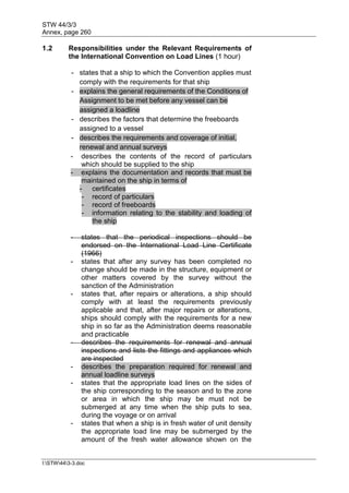 STW 44/3/3
Annex, page 260
I:STW443-3.doc
1.2 Responsibilities under the Relevant Requirements of
the International Convention on Load Lines (1 hour)
- states that a ship to which the Convention applies must
comply with the requirements for that ship
- explains the general requirements of the Conditions of
Assignment to be met before any vessel can be
assigned a loadline
- describes the factors that determine the freeboards
assigned to a vessel
- describes the requirements and coverage of initial,
renewal and annual surveys
- describes the contents of the record of particulars
which should be supplied to the ship
- explains the documentation and records that must be
maintained on the ship in terms of
- certificates
- record of particulars
- record of freeboards
- information relating to the stability and loading of
the ship
- states that the periodical inspections should be
endorsed on the International Load Line Certificate
(1966)
- states that after any survey has been completed no
change should be made in the structure, equipment or
other matters covered by the survey without the
sanction of the Administration
- states that, after repairs or alterations, a ship should
comply with at least the requirements previously
applicable and that, after major repairs or alterations,
ships should comply with the requirements for a new
ship in so far as the Administration deems reasonable
and practicable
- describes the requirements for renewal and annual
inspections and lists the fittings and appliances which
are inspected
- describes the preparation required for renewal and
annual loadline surveys
- states that the appropriate load lines on the sides of
the ship corresponding to the season and to the zone
or area in which the ship may be must not be
submerged at any time when the ship puts to sea,
during the voyage or on arrival
- states that when a ship is in fresh water of unit density
the appropriate load line may be submerged by the
amount of the fresh water allowance shown on the
 