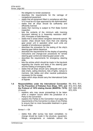 STW 44/3/3
Annex, page 262
I:STW443-3.doc
the obligation to render assistance
- describes the requirements for the carriage of
navigational equipment
- states that all equipment fitted in compliance with Reg
V/12 must be of a type approved by the Administration
- states that all ships should be sufficiently and
efficiently manned
- states that manning is subject to Port State Control
inspection
- lists the contents of the minimum safe manning
document referred to in Assembly resolution A481
(XII), Principles of Safe Manning
- states that in areas where navigation demands special
caution, ships should have more than one steering
gear power unit in operation when such units are
capable of simultaneous operation
R2
- describes the procedure for the testing of the ship's
steering gear before departure
- describes the requirements for the display of operating
instructions and change-over procedures for remote
steering gear control and steering gear power units
- describes the requirements for emergency steering
drills
- lists the entries which should be made in the log-book
regarding the checks and tests of the steering gear
and the holding of emergency drills
- states that all ships should carry adequate and up-to-
date charts, sailing directions, lists of lights, notices to
mariners, tide tables and other nautical publications
necessary for the voyage
- states which ships should carry the International Code
of Signals
1.4 Responsibilities under the International Convention
for the Prevention of Pollution from Ships, 1973, and
the Protocol of 1978 relating thereto (MARPOL 73/78)
(3 hours)
R9, R10, R11,
R12, R13, R26,
R27, R28, R72,
R73, R74
- explains who may cause proceedings to be taken
when a violation occurs within the jurisdiction of a
Party to the Convention
- explains the Parties to the Convention must apply the
requirements of the Convention to ships of non-Parties
to ensure that no more favourable treatment is given
to such ships
Annex I — Oil R10
- states that, after survey has been completed, no
change should be made in the structure, equipment,
fittings, arrangements or materials without the
 