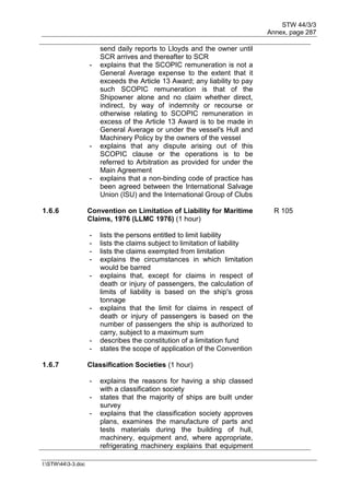 STW 44/3/3
Annex, page 287
I:STW443-3.doc
send daily reports to Lloyds and the owner until
SCR arrives and thereafter to SCR
- explains that the SCOPIC remuneration is not a
General Average expense to the extent that it
exceeds the Article 13 Award; any liability to pay
such SCOPIC remuneration is that of the
Shipowner alone and no claim whether direct,
indirect, by way of indemnity or recourse or
otherwise relating to SCOPIC remuneration in
excess of the Article 13 Award is to be made in
General Average or under the vessel's Hull and
Machinery Policy by the owners of the vessel
- explains that any dispute arising out of this
SCOPIC clause or the operations is to be
referred to Arbitration as provided for under the
Main Agreement
- explains that a non-binding code of practice has
been agreed between the International Salvage
Union (ISU) and the International Group of Clubs
1.6.6 Convention on Limitation of Liability for Maritime
Claims, 1976 (LLMC 1976) (1 hour)
R 105
- lists the persons entitled to limit liability
- lists the claims subject to limitation of liability
- lists the claims exempted from limitation
- explains the circumstances in which limitation
would be barred
- explains that, except for claims in respect of
death or injury of passengers, the calculation of
limits of liability is based on the ship's gross
tonnage
- explains that the limit for claims in respect of
death or injury of passengers is based on the
number of passengers the ship is authorized to
carry, subject to a maximum sum
- describes the constitution of a limitation fund
- states the scope of application of the Convention
1.6.7 Classification Societies (1 hour)
- explains the reasons for having a ship classed
with a classification society
- states that the majority of ships are built under
survey
- explains that the classification society approves
plans, examines the manufacture of parts and
tests materials during the building of hull,
machinery, equipment and, where appropriate,
refrigerating machinery explains that equipment
 