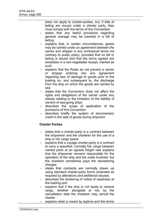 STW 44/3/3
Annex, page 290
I:STW443-3.doc
does not apply to charter-parties, but, if bills of
lading are issued under a charter party, they
must comply with the terms of this Convention
- states that any lawful provisions regarding
general average may be inserted in a bill of
lading
- explains that, in certain circumstances, goods
may be carried under an agreement between the
carrier and shipper in any contractual terms not
contrary to public policy, provided that no bill or
lading is issued and that the terms agreed are
embodies in a non-negotiable receipt, marked as
such
- explains that the Rules do not prevent a carrier
or shipper entering into any agreement
regarding loss of damage to goods prior to the
loading on, and subsequent to, the discharge
from the ship on which the goods are carried by
sea
- states that the Convention does not affect the
rights and obligations of the carrier under any
statute relating to the limitation of the liability of
owners of sea-going ships
- describes the scope of application of the
provisions of this Convention
- describes briefly the system of documentary
credit in the sale of goods during shipment
Charter Parties
- states that a charter-party is a contract between
the shipowner and the charterer for the use of a
ship or her cargo space
- explains that a voyage charter-party is a contract
to carry a specified, normally full, cargo between
named ports at an agreed freight rate explains
that the shipowner remains responsible for the
operation of the ship and the costs involved, but
the charterer sometimes pays the stevedoring
charges
- states that contracts are normally drawn up
using standard charter-party forms amended as
required by alterations and additional clauses
- describes the tendering of notice of readiness at
the loading port
- explains that if the ship is not ready to receive
cargo, whether alongside or not, by the
cancellation date the charterer may cancel the
charter
- explains what is meant by laytime and the terms
 