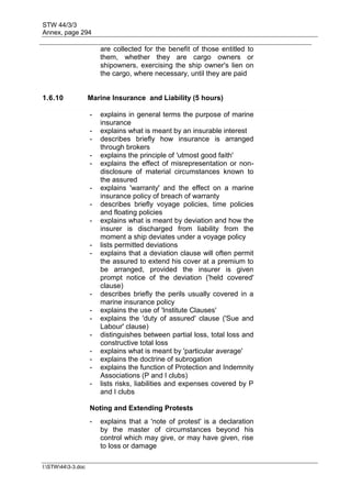 STW 44/3/3
Annex, page 294
I:STW443-3.doc
are collected for the benefit of those entitled to
them, whether they are cargo owners or
shipowners, exercising the ship owner's lien on
the cargo, where necessary, until they are paid
1.6.10 Marine Insurance and Liability (5 hours)
- explains in general terms the purpose of marine
insurance
- explains what is meant by an insurable interest
- describes briefly how insurance is arranged
through brokers
- explains the principle of 'utmost good faith'
- explains the effect of misrepresentation or non-
disclosure of material circumstances known to
the assured
- explains 'warranty' and the effect on a marine
insurance policy of breach of warranty
- describes briefly voyage policies, time policies
and floating policies
- explains what is meant by deviation and how the
insurer is discharged from liability from the
moment a ship deviates under a voyage policy
- lists permitted deviations
- explains that a deviation clause will often permit
the assured to extend his cover at a premium to
be arranged, provided the insurer is given
prompt notice of the deviation ('held covered'
clause)
- describes briefly the perils usually covered in a
marine insurance policy
- explains the use of 'Institute Clauses'
- explains the 'duty of assured' clause ('Sue and
Labour' clause)
- distinguishes between partial loss, total loss and
constructive total loss
- explains what is meant by 'particular average'
- explains the doctrine of subrogation
- explains the function of Protection and Indemnity
Associations (P and I clubs)
- lists risks, liabilities and expenses covered by P
and I clubs
Noting and Extending Protests
- explains that a 'note of protest' is a declaration
by the master of circumstances beyond his
control which may give, or may have given, rise
to loss or damage
 