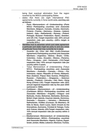 STW 44/3/3
Annex, page 313
I:STW443-3.doc
being their eventual elimination from the region
covered by the MOU's participating States
- states that there are eight international PSC
agreements currently in force world-wide, and they are
as follows:
- Paris Memorandum of Understanding (Paris
MOU) Participating countries and Associate
Members: Belgium, Canada, Croatia, Denmark,
Finland, France, Germany, Greece, Iceland,
Ireland, Italy, Netherlands, Norway, Poland,
Portugal, Russian Federation, Spain, Sweden,
and UK (19). Target inspection rate: 25% annual
inspection rate per country. (UK's target is
currently 30%.)
- identifies how to ascertain which port state agreement
a particular port state might be party to and any areas
of particular focus that may currently be in place
- Acuerdo de Vina del Mar (Latin-American
Agreement) Participating countries and Associate
Members: Argentina, Bolivia, Brazil, Chile,
Colombia, Cuba, Ecuador, Mexico, Panama,
Peru, Uruguay, and Venezuela (12).Target
inspection rate: 15% annual inspection rate per
country within 3 years.
- Tokyo Memorandum of Understanding (Tokyo
MOU)- Participating countries and Associate
Members: Australia, Canada, China, Fiji,
Indonesia, Japan, Republic of Korea, Malaysia,
New Zealand, Papua New Guinea, Philippines,
Russian Federation, Singapore, Solomon
Islands, Thailand, Vanuatu, Viet Nam, Hong
Kong (China) (18). Target inspection rate: 50%
annual regional inspection rate by the year 2000
(achieved in 1996).
- Caribbean Memorandum of Understanding
(Caribbean MOU)- Participating countries and
Associate Members: Anguilla, Antigua and
Barbuda, Aruba, Bahamas, Barbados, Bermuda,
British Virgin Islands, Cayman Islands, Dominica,
Grenada, Guyana, Jamaica, Montserrat,
Netherlands, Antilles (Curacao, St Maarten), St
Kitts & Nevis, Saint Lucia, Saint Vincent & the
Grenadines, Suriname, Trinidad & Tobago, Turks
and Caicos Islands (20).Target inspection rate:
10% annual inspection rate per country within 3
years.
- Mediterranean Memorandum of Understanding
(Mediterranean MOU)- Participating countries
and Associate Members: Algeria, Cyprus, Egypt,
Israel, Jordan, Malta, Lebanon, Morocco, Tunisia,
 