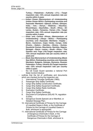 STW 44/3/3
Annex, page 314
I:STW443-3.doc
Turkey, Palestinian Authority (11). Target
inspection rate: 15% annual inspection rate per
country within 3 years
- Indian Ocean Memorandum of Understanding
(Indian Ocean MOU)- Participating countries and
Associate Members: Djibouti, Eritrea, Ethiopia,
India, Iran, Kenya, Maldives, Mauritius,
Mozambique, Seychelles, South Africa, Sri
Lanka, Sudan, Tanzania, Yemen (15). Target
inspection rate: 10% annual inspection rate per
country within 3 years
- West and Central African Memorandum of
Understanding (Abuja MOU)- Participating
countries and Associate Members: Angola ,
Benin, Cameroon, Cape Verde, Congo, Côte
d'Ivoire, Gabon, Gambia, Ghana, Guinea,
Equatorial Guinea, Mauritania, Namibia, Nigeria,
Senegal, Sierra Leone, South Africa, The
Gambia and Togo (19).Target inspection rate:
15% annual inspection rate per country within 3
years and
- Black Sea Memorandum of Understanding (Black
Sea MOU)- Participating countries and Associate
Members: Bulgaria, Georgia, Romania, Russian
Federation, Turkey, Ukraine (6).Target inspection
rate: 15% annual inspection rate per country
within 3 years
- the US Coast Guard operates a national Port
State Control Initiative
- outlines that the list of certificates and documents
which are checked during the inspection are:
1. International Tonnage Certificate (1969);
2. Passenger Ship Safety Certificate;
3. Cargo Ship Safety Construction Certificate;
4. Cargo Ship Safety Equipment Certificate;
5. Cargo Ship Safety Radio Certificate;
6. Exemption Certificate;
7. Cargo Ship Safety Certificate;
8. Document of Compliance (SOLAS 74, regulation
II-2/54);
9. Dangerous Goods Special List or Manifest, or
Detailed Stowage Plan;
10. International Certificate of Fitness for the Carriage
of Liquefied Gases in Bulk, or the Certificate of
Fitness for the Carriage of Liquefied Gases in
Bulk, whichever is appropriate;
11. International Certificate of Fitness for the Carriage
of Dangerous Chemicals in Bulk, or the
Certificate of Fitness for the Carriage of
Dangerous Chemicals in Bulk, whichever is
 