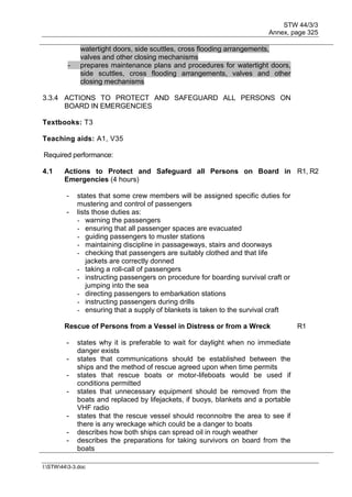 STW 44/3/3
Annex, page 325
I:STW443-3.doc
watertight doors, side scuttles, cross flooding arrangements,
valves and other closing mechanisms
- prepares maintenance plans and procedures for watertight doors,
side scuttles, cross flooding arrangements, valves and other
closing mechanisms
3.3.4 ACTIONS TO PROTECT AND SAFEGUARD ALL PERSONS ON
BOARD IN EMERGENCIES
Textbooks: T3
Teaching aids: A1, V35
Required performance:
4.1 Actions to Protect and Safeguard all Persons on Board in
Emergencies (4 hours)
R1, R2
- states that some crew members will be assigned specific duties for
mustering and control of passengers
- lists those duties as:
- warning the passengers
- ensuring that all passenger spaces are evacuated
- guiding passengers to muster stations
- maintaining discipline in passageways, stairs and doorways
- checking that passengers are suitably clothed and that Iife
jackets are correctly donned
- taking a roll-call of passengers
- instructing passengers on procedure for boarding survival craft or
jumping into the sea
- directing passengers to embarkation stations
- instructing passengers during drills
- ensuring that a supply of blankets is taken to the survival craft
Rescue of Persons from a Vessel in Distress or from a Wreck R1
- states why it is preferable to wait for daylight when no immediate
danger exists
- states that communications should be established between the
ships and the method of rescue agreed upon when time permits
- states that rescue boats or motor-lifeboats would be used if
conditions permitted
- states that unnecessary equipment should be removed from the
boats and replaced by lifejackets, if buoys, blankets and a portable
VHF radio
- states that the rescue vessel should reconnoitre the area to see if
there is any wreckage which could be a danger to boats
- describes how both ships can spread oil in rough weather
- describes the preparations for taking survivors on board from the
boats
 