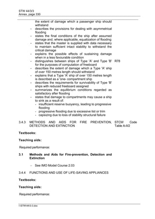 STW 44/3/3
Annex, page 330
I:STW443-3.doc
the extent of damage which a passenger ship should
withstand
- describes the provisions for dealing with asymmetrical
flooding
- states the final conditions of the ship after assumed
damage and, where applicable, equalization of flooding
- states that the master is supplied with data necessary
to maintain sufficient intact stability to withstand the
critical damage
- explains the possible effects of sustaining damage
when in a less favourable condition
- distinguishes between ships of Type 'A' and Type 'B'
for the purposes of computation of freeboard
R78
- describes the extent of damage which a Type 'A' ship
of over 150 metres length should withstand
- explains that a Type 'A' ship of over 150 metres length
is described as a 'one- compartment ship
- describes the requirements for survivability of Type 'B'
ships with reduced freeboard assigned
- summarizes the equilibrium conditions regarded as
satisfactory after flooding
- states that damage to compartments may cause a ship
to sink as a result of:
- insufficient reserve buoyancy, leading to progressive
flooding
- progressive flooding due to excessive list or trim
- capsizing due to loss of stability structural failure
3.4.3 METHODS AND AIDS FOR FIRE PREVENTION,
DETECTION AND EXTINCTION
STCW Code
Table A-II/2
Textbooks:
Teaching aids:
Required performance:
3.1 Methods and Aids for Fire-prevention, Detection and
Extinction
 See IMO Model Course 2.03
3.4.4 FUNCTIONS AND USE OF LIFE-SAVING APPLIANCES
Textbooks:
Teaching aids:
Required performance:
 