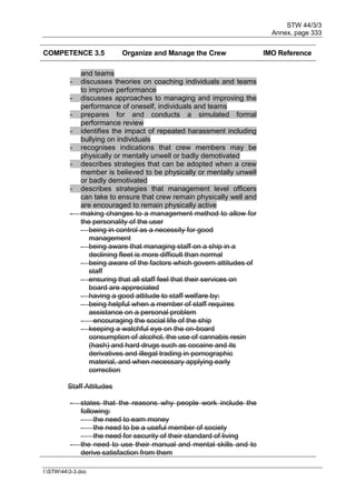 STW 44/3/3
Annex, page 333
I:STW443-3.doc
COMPETENCE 3.5 Organize and Manage the Crew IMO Reference
and teams
- discusses theories on coaching individuals and teams
to improve performance
- discusses approaches to managing and improving the
performance of oneself, individuals and teams
- prepares for and conducts a simulated formal
performance review
- identifies the impact of repeated harassment including
bullying on individuals
- recognises indications that crew members may be
physically or mentally unwell or badly demotivated
- describes strategies that can be adopted when a crew
member is believed to be physically or mentally unwell
or badly demotivated
- describes strategies that management level officers
can take to ensure that crew remain physically well and
are encouraged to remain physically active
- making changes to a management method to allow for
the personality of the user
- being in control as a necessity for good
management
- being aware that managing staff on a ship in a
declining fleet is more difficult than normal
- being aware of the factors which govern attitudes of
staff
- ensuring that all staff feel that their services on
board are appreciated
- having a good attitude to staff welfare by:
- being helpful when a member of staff requires
assistance on a personal problem
- encouraging the social life of the ship
- keeping a watchful eye on the on-board
consumption of alcohol, the use of cannabis resin
(hash) and hard drugs such as cocaine and its
derivatives and illegal trading in pornographic
material, and when necessary applying early
correction
Staff Attitudes
- states that the reasons why people work include the
following:
- the need to earn money
- the need to be a useful member of society
- the need for security of their standard of living
- the need to use their manual and mental skills and to
derive satisfaction from them
 
