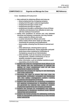 STW 44/3/3
Annex, page 335
I:STW443-3.doc
COMPETENCE 3.5 Organize and Manage the Crew IMO Reference
Crew Conditions of Employment
- lists methods for obtaining officers and crew as:
- direct employment by a shipping company
- employment through a national organization
- employment through a trade union
- employment through an agency
- employment through a combination of any of these
methods and discusses how attitudes to work vary
with the method of recruitment
- states that conditions of service can vary between
countries and between companies, but may include:
- salary scales for officers and crew
- a career structure for officers and crew
- salary scales which show 'begin at' rates, with
increments for seniority and qualifications
- leave scales, showing how the leave is earned and
paid
- other allowances, showing items such as
subsistence allowances, where applicable, and paid
study leave when studying for Certificates of
Competency issued by an Administration
- other benefits, such as insurance and pension
arrangements, whether contributory or not, or
whether included in salary payment
- other information, such as whether overtime is paid
separately and at what rates
- explains the need for management level officers to be
fully familiar with the requirements of national law
relating to crew employment and of all crew
agreements in place on the ship
- discusses the process for signing on and discharging
crew under national law
- discusses the need to ensure that new crew are
appropriately certificated, competent and familiarised
with the safety management system, working
procedures and equipment of the ship
- explains that procedures for conducting investigations
and applying consequences in disciplinary situations
are governed by national law, codes of conduct,
employment agreements and company procedures
- explains the process for investigating and applying
consequences in disciplinary situations under relevant
national law and procedures
- explains the formal process for addressing continuing
levels of unacceptable performance by a crew member
under national law
 
