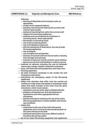 STW 44/3/3
Annex, page 337
I:STW443-3.doc
COMPETENCE 3.5 Organize and Manage the Crew IMO Reference
following:
- donning of lifejackets and immersion suits, as
appropriate
- muster at the assigned stations
- boarding, launching and clearing the survival craft
and the rescue boats
- method of launching from within the survival craft
- release from launching appliances
- methods and use of devices for protection in
launching areas, where appropriate
- illumination in launching areas
- use of all survival equipment
- use of all detection equipment
- with the assistance of illustrations, the use of radio
life-saving appliances
- use of drogues
- use of engine and accessories
- recovery of survival craft and rescue boats, including
their stowage and securing
- hazards of exposure and the need for warm clothing
- best use of survival craft facilities in order to survive
- methods of retrieval, including the use of helicopter
rescue gear (slings, baskets, stretchers), breeches
- buoy, and shore life-saving apparatus and ship's line-
- throwing apparatus
- all other functions contained in the muster list and
emergency instructions
- instructions for emergency repair of the life-saving
appliances
- states that abandon ship drills must be carried out
monthly on cargo ships and weekly on passenger ships
states that each member of the crew must be given
instructions, which must include:
- operations and use of the ship's inflatable liferafts
- problems of hypothermia, first-aid treatment of
hypothermia and other appropriate first-aid
procedures
- special instructions necessary for use of the ship's
life-saving appliances in severe weather and severe
sea conditions
- states that:
- instructions in the use of the ship's life-saving
appliances and in survival at sea should be given at
the same interval as the drills
- individual instructions may cover different parts of
the ship's life-saving system
- all of the ship's life-saving equipment and appliances
 