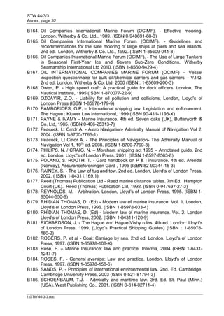 STW 44/3/3
Annex, page 32
I:STW443-3.doc
B164. Oil Companies International Marine Forum (OCIMF). - Effective mooring.
London, Witherby & Co. Ltd., 1989. (ISBN 0-948691-88-3)
B165. Oil Companies International Marine Forum (OCIMF). - Guidelines and
recommendations for the safe mooring of large ships at piers and sea islands.
2nd ed. London, Witherby & Co. Ltd., 1992. (ISBN 1-85609-041-8)
B166. Oil Companies International Marine Forum (OCIMF). - The Use of Large Tankers
in Seasonal First-Year Ice and Severe Sub-Zero Conditions. Witherby
Seamanship International Ltd 2010. (ISBN 1-8560-9429-4)
B167. OIL INTERNATIONAL COMPANIES MARINE FORUM (OCIMF) – Vessel
inspection questionnaire for bulk oil/chemical carriers and gas carriers – V.I.Q.
2nd ed. London: Witherby & Co. Ltd, 2000 (ISBN : 1-85609-200-3)
B168. Owen, P. - High speed craft: A practical guide for deck officers. London, The
Nautical Institute, 1995 (ISBN 1-870077-22-9)
B169. OZCAYIR, Z.O. - Liability for oil pollution and collisions. London, Lloyd's of
London Press (ISBN 1-85978-179-9)
B170. PAMBORIDES, G.P. – International shipping law: Legislation and enforcement.
The Hague : Kluwer Law International, 1999 (ISBN 90-411-1193-X)
B171. PAYNE & IVAMY - Marine insurance. 4th ed. Seven oaks (UK), Butterworth &
Co. Ltd, 1985. (ISBN 0-406-25313-7)
B172. Peacock, Lt Cmdr A. - Astro Navigation- Admiralty Manual of Navigation Vol 2,
2004. (ISBN 1-8700-7765-1)
B173. Peacock, Lt Cmdr A. - The Principles of Navigation- The Admiralty Manual of
Navigation Vol 1, 10th
ed. 2008. (ISBN 1-8700-7790-3)
B174. PHILIPS, N. / CRAIG, N. – Merchant shipping act 1995 – Annotated guide. 2nd
ed. London, Lloyd's of London Press, 2001. (IBSN 1-8597-8563-8)
B175. POLAND, S. ROOTH, T. - Gard handbook on P & I insurance. 4th ed. Arendal
(Norway), Assuranceforeningen Gard , 1996 (ISBN 82-90344-16-3)
B176. RAINEY, S. - The Law of tug and tow. 2nd ed. London, Lloyd's of London Press,
2002. ( ISBN 1-84311.169.1)
B177. Reed (Thomas) Publication Ltd - Reed marine distance tables. 7th Ed. Hampton
Court (UK). Reed (Thomas) Publication Ltd, 1992. (ISBN 0-947637-27-3)
B178. REYNOLDS, M. - Arbitration. London, Lloyd's of London Press, 1995. (ISBN 1-
85044-550-8)
B179. RHIDIAN THOMAS, D. (Ed) - Modern law of marine insurance. Vol. 1. London,
Lloyd's of London Press, 1996. (ISBN 1-85978-033-4)
B180. RHIDIAN THOMAS, D. (Ed) - Modern law of marine insurance. Vol. 2. London
Lloyd's of London Press, 2002. (ISBN 1-84311-120-9)
B181. RICHARDSON, J. - The Hague and Hague-Visby rules. 4th ed. London: Lloyd's
of London Press, 1999. (Lloyd's Practical Shipping Guides) (ISBN : 1-85978-
180-2)
B182. ROGERS, P, et al - Coal: Carriage by sea. 2nd ed. London, Lloyd's of London
Press, 1997. (ISBN 1-85978-108-X)
B183. Rose, F. – Marine Insurance: law and practice. Informa, 2004 (ISBN 1-8431-
1247-7)
B184. ROSES, F. - General average: Law and practice. London, Lloyd's of London
Press, 1997. (ISBN 1-85978-158-6)
B185. SANDS, P. - Principles of international environmental law. 2nd. Ed. Cambridge,
Cambridge University Press, 2003 (ISBN 0-521-81794-3)
B186. SCHOENBAUM, T.J. - Admiralty and maritime law. 3rd. Ed. St. Paul (Minn.)
(USA), West Publishing Co., 2001. (ISBN 0-314-02711-4)
 