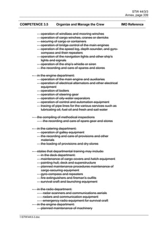 STW 44/3/3
Annex, page 339
I:STW443-3.doc
COMPETENCE 3.5 Organize and Manage the Crew IMO Reference
- operation of windlass and mooring winches
- operation of cargo winches, cranes or derricks
- securing of cargo or containers
- operation of bridge control of the main engines
- operation of the speed log, depth sounder, and gyro-
compass and their repeaters
- operation of the navigation lights and other ship's
lights and signals
- operation of the ship's whistle or siren
- the recording and care of spares and stores
- in the engine department:
- operation of the main engine and auxiliaries
- operation of electrical alternators and other electrical
equipment
- operation of boilers
- operation of steering gear
- operation of oily-water separators
- operation of control and automation equipment
- tracing of pipe lines for the various services such as
lubricating oil, fuel oil and fresh and sail water
- the compiling of methodical inspections
- the recording and care of spare gear and stores
- in the catering department:
- operation of galley equipment
- the recording and care of provisions and other
materials
- the loading of provisions and dry stores
- states that departmental training may include:
- in the deck department:
- maintenance of cargo covers and hatch equipment
- painting hull, deck and superstructure
- planned maintenance procedures maintenance of
cargo-securing equipment
- gyro-compass and repeaters
- fire extinguishers and fireman's outfits
- survival craft and launching equipment
- in the radio department:
- radar scanners and communications aerials
- radars and communication equipment
- emergency radio equipment for survival craft
- in the engine department:
- planned maintenance of machinery
 