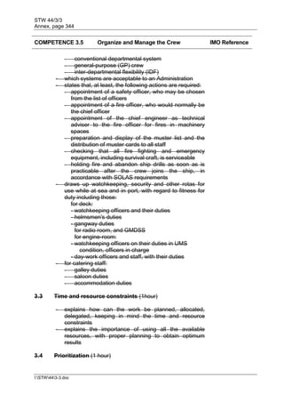 STW 44/3/3
Annex, page 344
I:STW443-3.doc
COMPETENCE 3.5 Organize and Manage the Crew IMO Reference
- conventional departmental system
- general-purpose (GP) crew
- inter-departmental flexibility (IDF)
- which systems are acceptable to an Administration
- states that, at least, the following actions are required:
- appointment of a safety officer, who may be chosen
from the list of officers
- appointment of a fire officer, who would normally be
the chief officer
- appointment of the chief engineer as technical
adviser to the fire officer for fires in machinery
spaces
- preparation and display of the muster list and the
distribution of muster cards to all staff
- checking that all fire fighting and emergency
equipment, including survival craft, is serviceable
- holding fire and abandon ship drills as soon as is
practicable after the crew joins the ship, in
accordance with SOLAS requirements
- draws up watchkeeping, security and other rotas for
use while at sea and in port, with regard to fitness for
duty including those:
for deck:
- watchkeeping officers and their duties
- helmsmen's duties
- gangway duties
for radio room, and GMDSS
for engine-room:
- watchkeeping officers on their duties in UMS
condition, officers in charge
- day-work officers and staff, with their duties
- for catering staff:
- galley duties
- saloon duties
- accommodation duties
3.3 Time and resource constraints (1hour)
- explains how can the work be planned, allocated,
delegated, keeping in mind the time and resource
constraints
- explains the importance of using all the available
resources, with proper planning to obtain optimum
results
3.4 Prioritization (1 hour)
 
