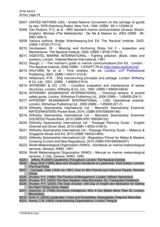STW 44/3/3
Annex, page 34
I:STW443-3.doc
B207. UNITED NATIONS (UN) - United Nations Convention on the carriage of goods
by sea, 1978 (Hamburg Rules). New York, 1994. (ISBN : 92-1-133494-2)
B208. Van Kluijven, P.C. et al - IMO standard marine communication phrases (Dutch-
English). Alkmaar (The Netherlands) : De Alk & Heijnen bv, 2003 (ISBN : 90-
5961-008-3)
B209. Various authors. Bridge Watchkeeping.2nd Ed. The Nautical Institute, 2003.
(ISBN 1-8700-7717-0)
B210. Vervloesem, W. - Mooring and Anchoring Ships Vol 2 - Inspection and
Maintenance. The Nautical Institute, 2009. (ISBN 1-8700-7794-1)
B211. VIDEOTEL MARINE INTERNATIONAL - Fighting pollution. (Book, video and
posters), London, Videotel Marine International, 1991.
B212. Waugh, I. - The mariner's guide to marine communications.2nd Ed. London :
The Nautical Institute, 2006 (ISBN : 1-870077-78-4) (http://www.nautinst.org)
B213. WILFORD, M. et al - Time charters. 5th ed. London, LLP Professional
Publishing, 2003. (ISBN 1-84311-210-8)
B214. Williamson, P.R. - Ship manoeuvring principles and pilotage. London: Witherby
& Co. Ltd., 2001. (ISBN : 1-85609-210-0)
B215. WITHERBY & CO. LTD. - Condition evaluation and maintenance of tanker
structures. London, Witherby & Co. Ltd., 1992. (ISBN 1-85609-039-6)
B216. WITHERBY SEAMANSHIP INTERNATIONAL – Chemical tankers: A pocket
safety guide. London, Witherbys Publishing Ltd., 2006 (ISBN – 1-85609-324-7)
B217. WITHERBY SEAMANSHIP INTERNATIONAL - LNG: Operational practice.
London, Witherbys Publishing Ltd., 2006 (ISBN – 1-85609-321-7)
B218. Witherby Seamanship International Ltd - Macneil's Seamanship Examiner
MATES/MASTERS Pocket Book, 2010. (ISBN 9781856094146)
B219. Witherby Seamanship International Ltd - Macneil's Seamanship Examiner
COLREGS Pocket Book, 2010 (ISBN 9781 856094122)
B220. Witherby Seamanship International Ltd - Passage Planning Guide - English
Channel and Dover Strait, 2010 (ISBN 1-9053-3194-0)
B221. Witherby Seamanship International Ltd - Passage Planning Guide – Malacca &
Singapore Straits 2nd Ed, 2010 (ISBN 1905331940)
B222. Witherby Seamanship International Ltd - Regulatory Primer for Mates & Masters
Covering Current and New Regulations, 2010 (ISBN 9781856094207)
B223. World Meteorological Organization (WMO) - Handbook on marine meteorological
services. Geneva, WMO, 1991.
B224. World Meteorological Organization (WMO) - Manual on marine meteorological
services. 2 Vols. Geneva, WMO, 1990.
B225. Jeffery, R (2007) Leadership Throughout. London: The Nautical Institute
B226. Bass, B.M. (1990) Bass and Stodgill's Handbook of Leadership. Third Edition. London:
The Free Press
B227. Carnegie, Dale (1936 rev 1981) How to Win Friends and Influence People. Random
House
B228. Drucker, P.F. (1968) The Practice of Management. London. William Heinemann
B229. Drucker, P.F. (2003) The New Realities. New Brunswick, NJ. Transaction Publishers
B230. Drucker, P.F. (2004) The Daily Drucker: 365 Day of Insight and Motivation for Getting
the Right Things Done. Harper
B231. Goleman, D. (1996) Emotional Intelligence: Why It Can Matter More Than IQ. London,
Bloomsbury
B232. Grint, K. (2005) Leadership: Limits and Possibilities. Basingstoke, Palgrave Macmillan
B233. Handy, C.B. (1993) Understanding Organisations. London, Penguin
 