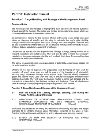 STW 44/3/3
Annex, page 377
I:STW443-3.doc
Part D2: Instructor manual
Function 2: Cargo Handling and Stowage at the Management Level
Guidance Notes
The following notes are intended to highlight the main objectives or training outcomes
of each part of the function. The notes also contain some material on topics which are
not adequately covered in the quoted references.
On completion of training for this function, officers will be able to use cargo plans and
tables or diagrams of stability and trim data to calculate the ship's initial stability,
draughts and trim for any given description of cargo and other weights. They will also
be able to determine whether stresses on the ship are within permitted limits by the use
of stress data or calculation equipment, or software.
Officers will be able to plan and supervise the stowage of cargo, taking account of all
relevant regulations and safety codes, They will also be able to make the necessary
calculations to ensure adequate stability and to check that shear forces and bending
moments are within permitted limits.
The safety precautions before entering enclosed or potentially contaminated spaces will
be understood and applied.
Officers will be able to supervise the preparation and dunnaging of holds and the
operation of ships' cargo gear and will be aware of the importance of adequately
securing cargo to prevent damage to the ship of cargo. They will identify dangerous
goods and use the IMDG Code (R54 and R55) to ensure such cargoes are stowed and
separated correctly. They will know the hazards related to some bulk cargoes and the
precautions to take during their loading, carriage and discharge. They will also have a
basic knowledge of the piping and pumping arrangements of oil tankers.
Function 2: Cargo Handling and Stowage at the Management Level
2.1 Plan and Ensure Safe Loading, Stowage, Securing, Care During The
Voyage And Unloading Of Cargoes
2.1.1 APPLICATION OF INTERNATIONAL REGULATIONS, CODES, AND
STANDARDS CONCERNING THE SAFE HANDLING, STOWAGE,
SECURING AND TRANSPORT OF CARGOES (6 hours)
Instructors should refer to the many lMO references concerning this topic and design
exercises to let officers practice using information contained in the Code of Safe
Practice for Cargo Stowage and Securing and in a typical cargo securing manual.
2.1.2 EFFECT ON TRIM AND STABILITY OF CARGOES AND CARGO
OPERATIONS (20 hours)
 
