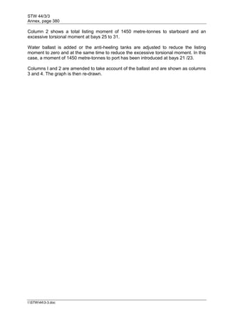 STW 44/3/3
Annex, page 380
I:STW443-3.doc
Column 2 shows a total listing moment of 1450 metre-tonnes to starboard and an
excessive torsional moment at bays 25 to 31.
Water ballast is added or the anti-heeling tanks are adjusted to reduce the listing
moment to zero and at the same time to reduce the excessive torsional moment. In this
case, a moment of 1450 metre-tonnes to port has been introduced at bays 21 /23.
Columns I and 2 are amended to take account of the ballast and are shown as columns
3 and 4. The graph is then re-drawn.
 