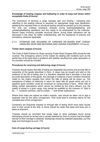 STW 44/3/3
Annex, page 383
I:STW443-3.doc
Knowledge of loading cargoes and ballasting in order to keep hull stress within
acceptable limits (6 hours)
The importance of devising a cargo stowage plan and loading / unloading plan
referRing to the loading manual to ascertain an appropriate cargo load distribution,
satisfying the imposed limits on structural loading should be pointed out to the trainees.
The ship can undergo excessive stresses during loading/deballasting and
unloading/ballasting operations and this needs to be emphasized by the instructor.
Recent cases involving complete structural failure, during these operations can be
discussed in the class, for better understanding, with the assistance of pictures and
animations, wherever applicable.
2.1.4 STOWAGE AND SECURING OF CARGOES ON BOARD SHIP, CARGO-
HANDLING GEAR AND SECURING AND LASHING EQUIPMENT (19 hours)
Timber deck cargoes (3 hours)
The Code of Safe Practice for Ships carrying Timber Deck Cargoes (R9) should be fully
covered. The emergency actions of the master for dealing with incidents such as the
partial loss of the deck load or problems with stability resulting from water absorption or
ice accretion should be included.
Procedures for receiving and delivering cargo (3 hours)
Trainees should realize that bills of lading are negotiable documents and provide title to
ownership of the goods described in them. A cargo may be bought and sold on the
evidence of the bill of lading and it is therefore essential that it provides a true and
accurate description of the goods. Any damage or evidence of poor condition should be
noted on the mate's receipts from which the bills of lading will be drawn up. The
acceptance of letters of indemnity in return for clean bills for goods which are not in
apparent good condition could be construed as compounding a fraud. When bills of
lading contain descriptions which cannot be verified by the ship's officers, e.g. the
quality of wheat in a grain cargo, they should be qualified by the inclusion of "said to
be….", "contents unknown, said to contain …" and similar expressions.
Where boat notes are signed as mate's receipts, care should be taken not to sign a
duplicate note for the same consignment. That could lead to eventual claims for the
complete loss of the consignment.
Containers are frequently shipped on through bills of lading which have been issued
prior to their arrival at the ship. A check should be made that seals and locks are in
place at shipment.
Trainees should be reminded that empty bags or other packages found during
discharging should be landed and a receipt obtained for them to ensure that the freight
earned on their carriage is obtained. Sweepings should be collected separately, put into
bags and discharged as such, V74.
Care of cargo during carriage (4 hours)
 
