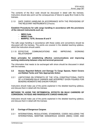 STW 44/3/3
Annex, page 387
I:STW443-3.doc
The contents of the BLU code should be discussed in detail with the trainees.
Instructors should also point out the consequences of failure to apply BLU Code to the
trainees.
2.1.9 SAFE CARGO HANDLING IN ACCORDANCE WITH THE PROVISIONS OF
THE RELEVANT INSTRUMENTS (3 hours)
Establish Procedures for safe cargo handling in accordance with the provisions
of the relevant instruments such as;
- IMDG Code
- IMSBC Code
- MARPOL 73/78, Annexes III and V
The safe cargo handling in accordance with these codes and conventions should be
discussed with the trainees. The points are covered in the detailed teaching syllabus,
which the instructors should useful.
2.1.10 EFFECTIVE COMMUNICATIONS AND IMPROVING WORKING
RELATIONSHIP
Basic principles for establishing effective communications and improving
working relationship between ship and terminal personnel
The information that needs to be exchanged with shore should be discussed in detail
with the trainees.
2.2 Assess Reported Defects and Damage To Cargo Spaces, Hatch Covers
and Ballast Tanks and Take Appropriate Action
2.2.1 LIMITATIONS ON STRENGTH OF THE VITAL CONSTRUCTIONAL PARTS
OF A STANDARD BULK CARRIER AND INTERPRET GIVEN FIGURES FOR
BENDING MOMENTS AND SHEAR FORCES
Instructors should make use of the points explained in the detailed teaching syllabus,
and discuss them in detail with the trainees
METHODS TO AVOID THE DETRIMENTAL EFFECTS ON BULK CARRIERS OF
CORROSION, FATIGUE AND INADEQUATE CARGO HANDLING
Instructors should make use of the points explained in the detailed teaching syllabus,
and discuss them in detail with the trainees
2.3 Carriage of Dangerous Cargoes
2.3.1 INTERNATIONAL REGULATIONS, STANDARDS, CODES INCLUDING THE
INTERNATIONAL MARITIME DANGEROUS GOODS (IMDG) CODE AND
 