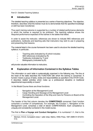 STW 44/3/3
Annex, page 53
I:STW443-3.doc
Part C1: Detailed Teaching Syllabus
 Introduction
The detailed teaching syllabus is presented as a series of learning objectives. The objective,
therefore, describes what the trainee must do to demonstrate that the specified knowledge
or skill has been transferred.
Thus each training outcome is supported by a number of related performance elements
in which the trainee is required to be proficient. The teaching syllabus shows the
Required performance expected of the trainee in the tables that follow.
In order to assist the instructor, references are shown to indicate IMO references and
publications, textbooks and teaching aids that instructors may wish to use in preparing
and presenting their lessons.
The material listed in the course framework has been used to structure the detailed teaching
syllabus; in particular,
o Teaching aids (indicated by A) which includes:
o IMO references (indicated by R)
o Textbooks (indicated by T) and
o Bibliography (indicated by B)
will provide valuable information to instructors.
 Explanation of Information Contained in the Syllabus Tables
The information on each table is systematically organised in the following way. The line at
the head of the table describes the FUNCTION with which the training is concerned. A
function means a group of tasks, duties and responsibilities as specified in the STCW Code.
It describes related activities which make up a professional discipline or traditional
departmental responsibility on board.1
In this Model Course there are three functions:
o Navigation at the Management Level
o Cargo Handling and Stowage at the Management Level
o Controlling the Operation of the Ship and Care for Persons on Board at the
Management Level.
The header of the first column denotes the COMPETENCE concerned. Each function
comprises a number of competences. For example, the Function 1, Navigation at the
Management Level, comprises a total of eleven COMPETENCES. Each competence is
uniquely and consistently numbered in this model course.
The first is Plan a Voyage and Conduct Navigation. It is numbered 1.1, that is the
1
Morrison, W.S.G. Competent crews = safer ships. Malmo, WMU Press, 1997 (ISBN 91-973372-
0 X)
 