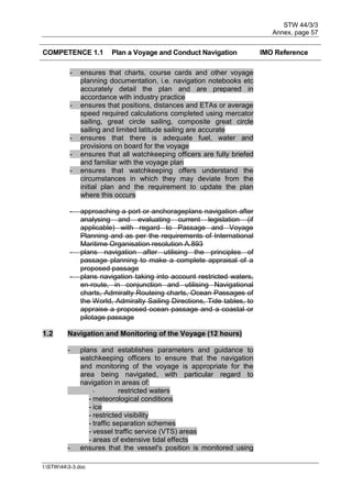 STW 44/3/3
Annex, page 57
I:STW443-3.doc
COMPETENCE 1.1 Plan a Voyage and Conduct Navigation IMO Reference
- ensures that charts, course cards and other voyage
planning documentation, i.e. navigation notebooks etc
accurately detail the plan and are prepared in
accordance with industry practice
- ensures that positions, distances and ETAs or average
speed required calculations completed using mercator
sailing, great circle sailing, composite great circle
sailing and limited latitude sailing are accurate
- ensures that there is adequate fuel, water and
provisions on board for the voyage
- ensures that all watchkeeping officers are fully briefed
and familiar with the voyage plan
- ensures that watchkeeping offers understand the
circumstances in which they may deviate from the
initial plan and the requirement to update the plan
where this occurs
- approaching a port or anchorageplans navigation after
analysing and evaluating current legislation (if
applicable) with regard to Passage and Voyage
Planning and as per the requirements of International
Maritime Organisation resolution A.893
- plans navigation after utilising the principles of
passage planning to make a complete appraisal of a
proposed passage
- plans navigation taking into account restricted waters,
en-route, in conjunction and utilising Navigational
charts, Admiralty Routeing charts, Ocean Passages of
the World, Admiralty Sailing Directions, Tide tables, to
appraise a proposed ocean passage and a coastal or
pilotage passage
1.2 Navigation and Monitoring of the Voyage (12 hours)
- plans and establishes parameters and guidance to
watchkeeping officers to ensure that the navigation
and monitoring of the voyage is appropriate for the
area being navigated, with particular regard to
navigation in areas of:
- restricted waters
- meteorological conditions
- ice
- restricted visibility
- traffic separation schemes
- vessel traffic service (VTS) areas
- areas of extensive tidal effects
- ensures that the vessel's position is monitored using
 